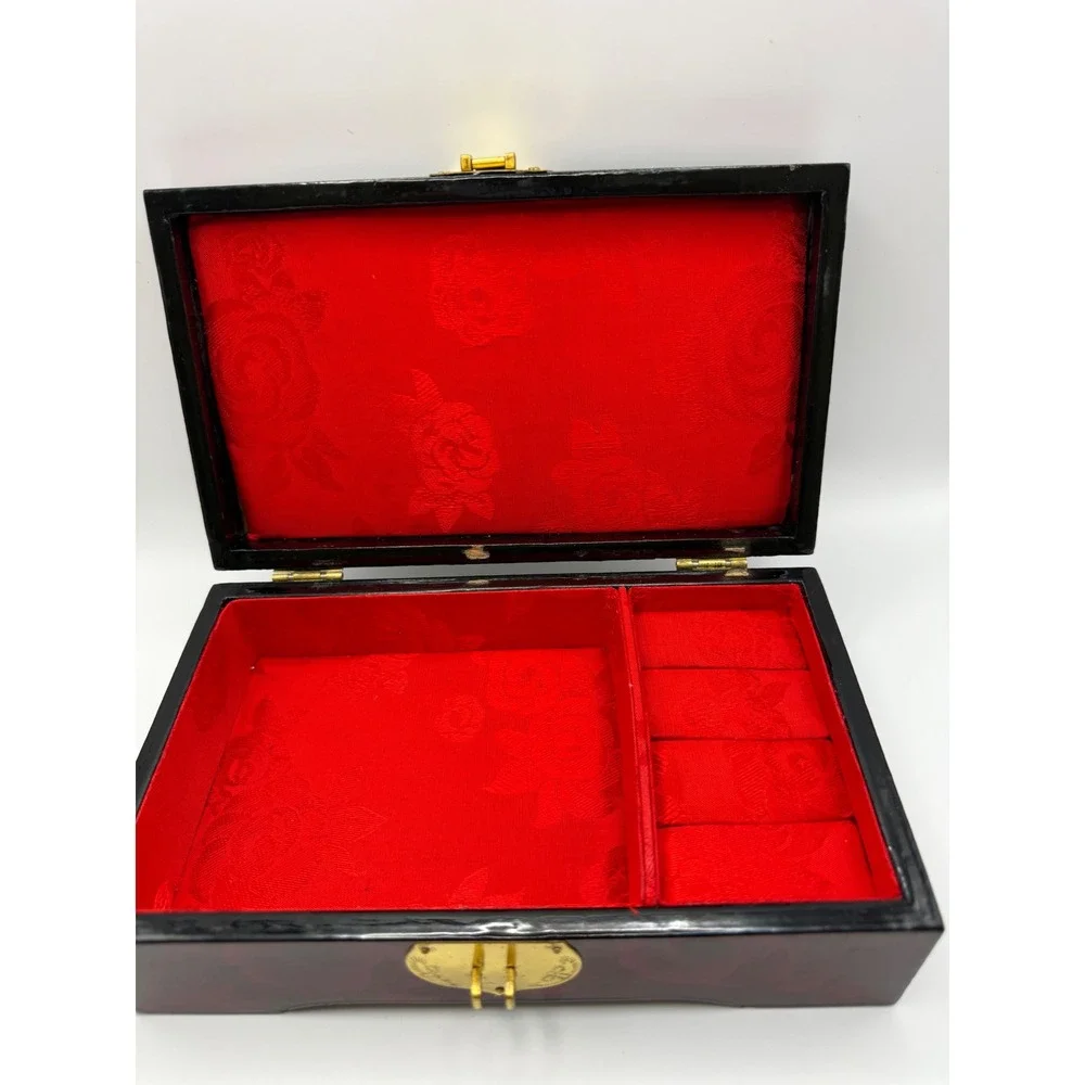 Vintage Chinese Lacquer Jewelry Box Floral Soapstone Inlay Burgundy Brass Latch